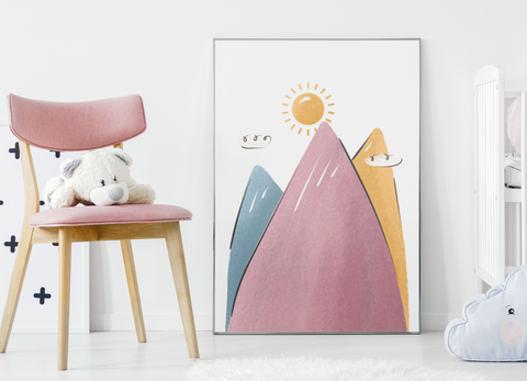 Cloud Sun & Mountain Illustration Nursery Children's Room Wall Decor Print