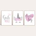 Children's Girl's Rule Unicorn Dream Big Bedroom Wall Decor Set Of 3 Prints